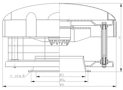 Rysunek wymiary gabarytowe wentylatora dachowego hybrydowego WH-25, WH-31,5
